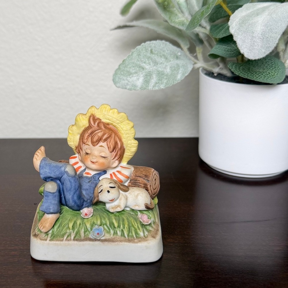 Vintage Lefton Boy and Dog Sleeping Figurine 138 Ceramic Country Decor Taiwan